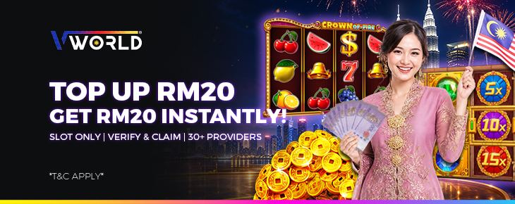 VWorld Top Up RM20 Get RM20 Instantly Banner - Free Credit Malaysia Casino 918Kiss